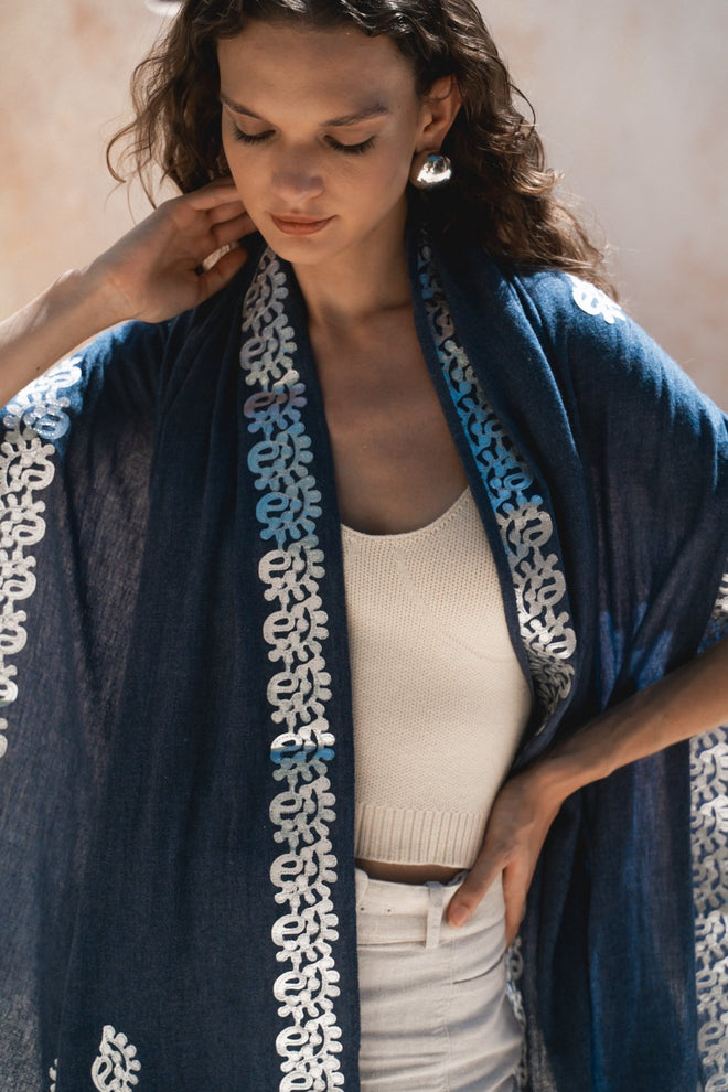 Jean Blue Abstract Applique Shawl
